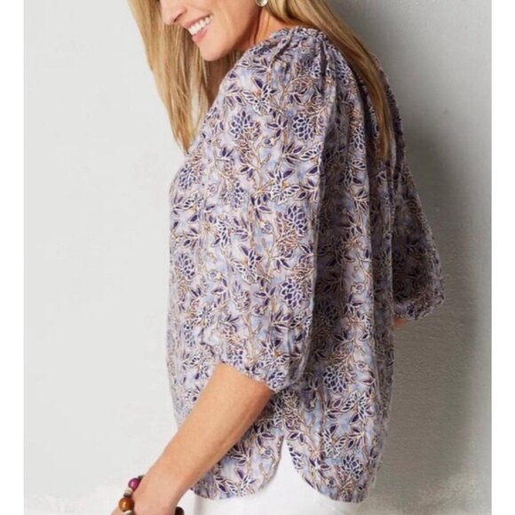 J. Jill Love Linen Peasant Blouse Size L Floral 3/4 Sleeve Beachy Coastal - Picture 4 of 9